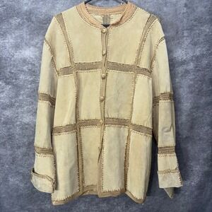 VTG Suede Leather Patchwork Crochet Jacket Women's L Tan Festival Boho Hippie